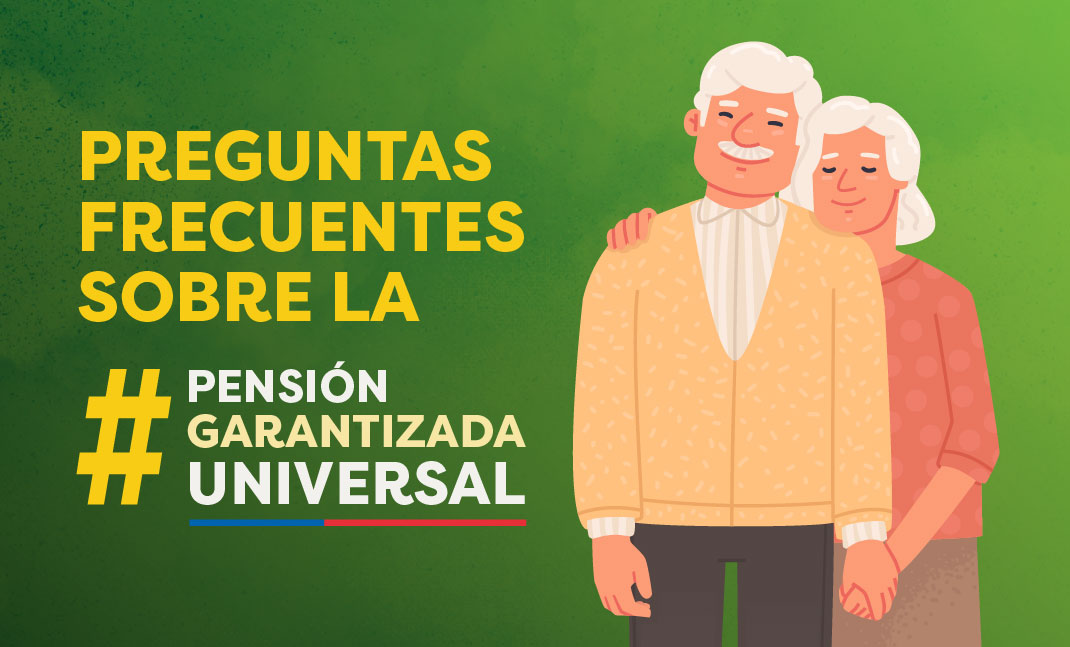 Pareja de adultos mayores, hombre y mujer, texto Preguntas frecuentes sobre la Pensión Garantizada Universal.